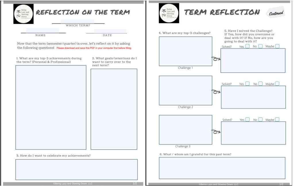 Term Reflection Resource Sheets